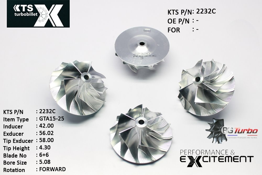 Turbo ROUE FORGÉE MFS PERFORMANCE - 6+6 PALES - INDUCER : 42 - EXDUCER : 56,02 - TYPE : GTA15-25ANGLE : 60° - ROTATION : Forward - SUPER BACK : 2,39 - BORE SIZE : 5,08
